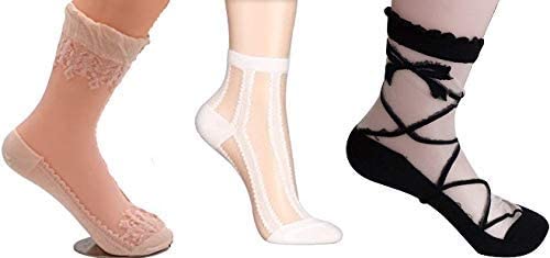 Image of Ultra Thin Transparent Net Crystal Elastic Ankle Socks with Little Flowers Women /Girls