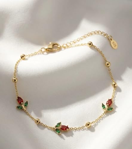 Image of Red Tulip Bracelet for Women & Girls, 18K Gold-Plated Stainless Steel Floral Chain Bracelet, Waterproof Anti-Tarnish Hypoallergenic Dainty Everyday Jewelry, Gift for Her