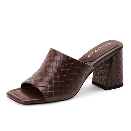 Vaslemuse Mule Heels For Women Block Heel Slide Sandals - Braided Brown 10