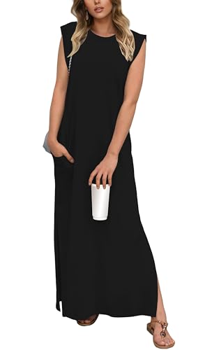 GRECERELLE 2025 Women Summer Casual Round Neck Cap Sleeve Maxi Dress with Pockets Beach Vacation Sundress