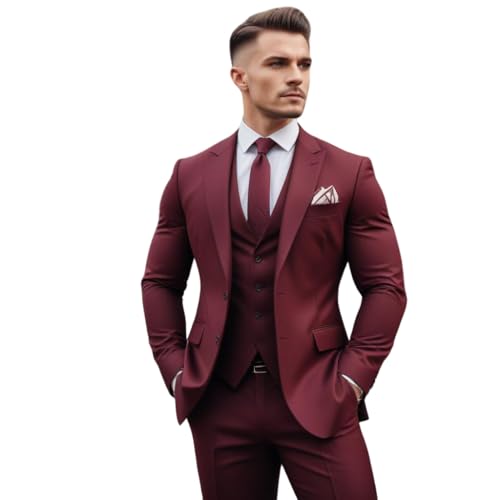 Generic Men's 3 Piece Suit Slim fit Burgundy Blazer Vest Pant Set Office Business Dress Code, Olive Green