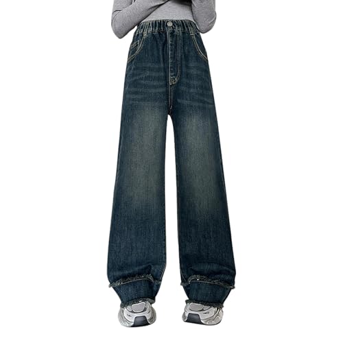 Kids Girls Jeans Retro Wide Leg Denim Pants Bottom Elastic Waist Straight Trousers Casual Preppy Streetwear with Pockets