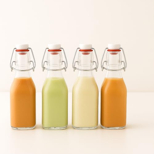 Image of Clear Glass Bottles with Airtight Swing Top Lids - Leakproof Reusable Glass Jars for Juices, Oil, Water, Kombucha, Milk, Vinegar, and Beverages (CLEAR, SQUARE PACK OF 4)