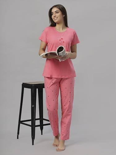 Image of DZZO Women's Cotton Printed Night Suit Set of T-Shirt & Pyjama, Night wear Dress, Relaxed wear for Women /Girls