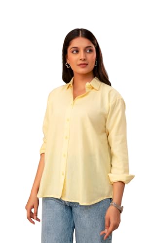 Image of Women's Linen Blend Shirt | Casual Collared Button Down Shirt for Women | Solid Color Full Sleeve Oversized Fit | Summer Casual & Office Wear Top