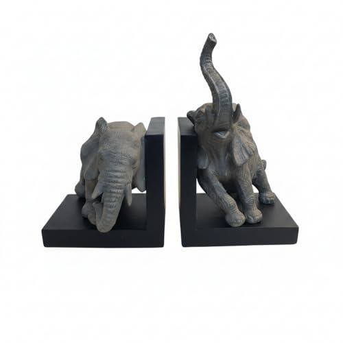 Comfy Hour 12" Gray and Black Elephant Figurine Style Bookends, Rustic Antique Vintage Elephant Statue Home Decor, Heavy Duty Animal Book Stoppers Duo, 1 Pair
