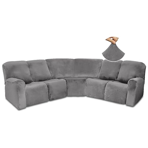 AIMENJOY Recliner Slipcover, L Shape Sectional Recliner Sofa Covers, 5 Seater Velvet Stretch Reclining Couch Covers for Reclining L Shape Sofa, Thick, Soft, Washable (Grey)