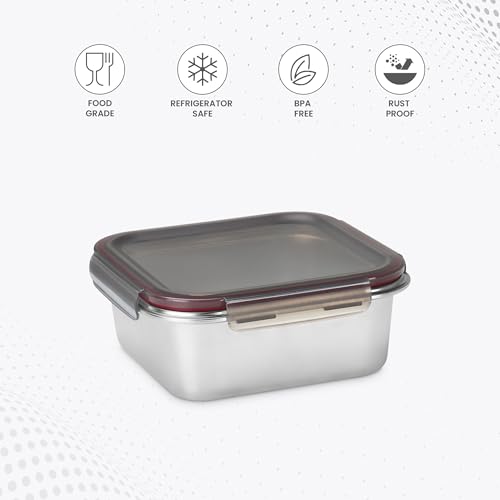 Image of MILTON Steel Lock and Store Square 850 Stainless Steel Container with four side lock plastic lid, 800 ml, Silver, Food Grade, Refrigerator Safe, Rust Resistant, BPA Free