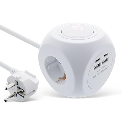 Multiprise 7 en 1 cube pour éviter les blocs encombrants avec USB-C câble 2m