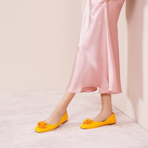 Image of C.Paravano Ballet Flats for Women | Women's Flats | Square Toe | Slip On Dress Shoes | Satin Flower Shoes