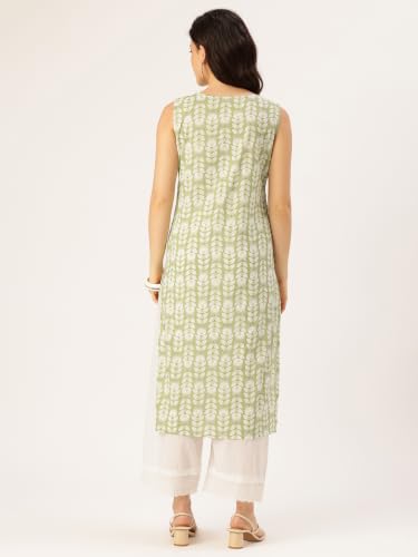 Image of feranoid Women's Pure Cotton Floral Print Straight Kurti | Elegant Curved V-Neck | Sleeveless Calf-Length Ethnic Wear | Comfortable Regular Fit | Sizes XS-XXL