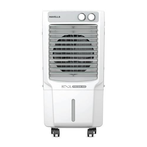 Havells KoolFresh 43 L Personal Air Cooler for Room|Powerful Air-Delivery|Dual Flow Technology|Fan & 3 Side Bacteria Shield Honeycomb Pads|Ice Chamber|Fully Collapsible Louvers|Front Wheel with Brakes