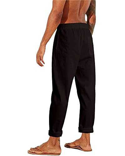 NANAMEEI Leinenhose Herren Lang Sommer Loose Fit Casual Strandhose Regular Fit Schwarz L