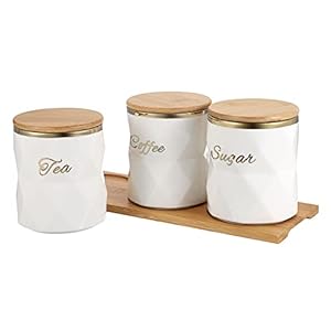 BTSKY White Ceramic Sugar Coffee Tea Canisters with Lid and Tray – Airtight Set of 3 Storage Canisters Food Storage Containers Pots Jars with Bamboo Lid for Kitchen Counter