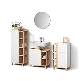 PRÁCTICO: El conjunto de muebles de baño ofrece compartimentos de almacenamiento abiertos y cerrados, así como un espejo redondo, ideal para una organización funcional.