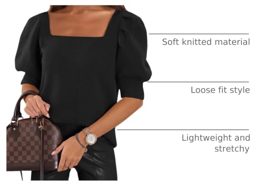 Image of Womens Puff Short Sleeve Sweater Tops Square Neck Casual Knit Pullover