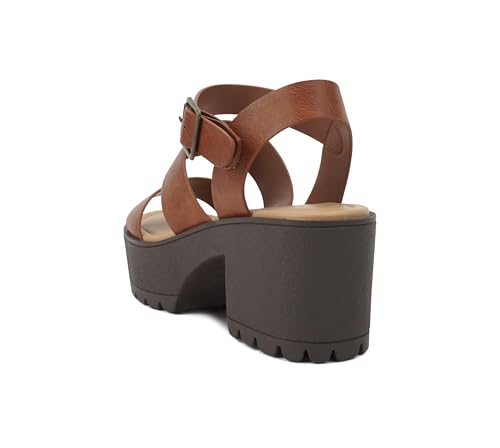 Image of Soda ACCOUNT ~ Women Open Toe Two Bands Lug sole Fashion Block Heel Sandals with Adjustable Ankle Strap