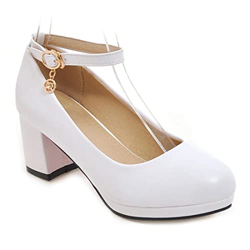 VOKLIN Women's Round Toe Ankle Strap Mary Janes Pumps Chunky Mid Block Heel Work Office Dress Pump Shoes