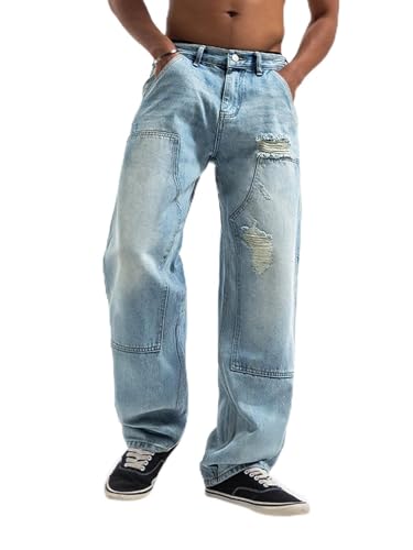 EMMIOL Men's Straight Leg Y2K Ripped Distressed Jeans, Baggy Jean Loose fit, Relaxed Skateboard Denim Pants with Holes Blue