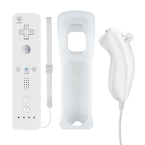 QUMOX Manette pour Wii, Controleur de Mouvement à Distance, Télécommande et Nunchuk, Console Remplacement Compatibles avec Wii et Wii U avec Etui de Protection en Silicone Blanc