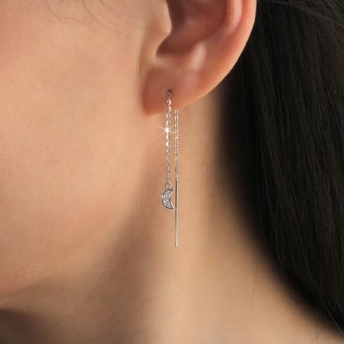 Solid 14K Gold Earrings, White Gold Earrings OR Rose Gold Earrings Handmade CZ Stone Star Moon Crescent Threader Drop Earrings4