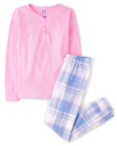 The Children's Place,Girls,100% Cotton Long Sleeve Top and Pants, 2 Piece Pajama Set,Pink Purple Plaid,14