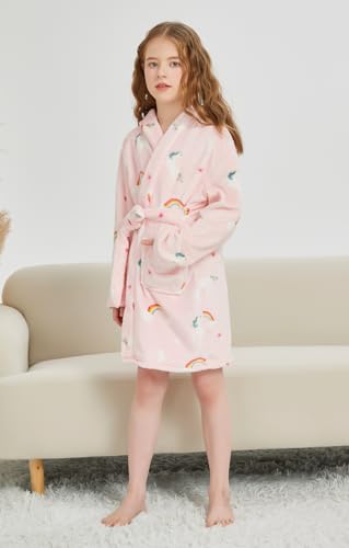Tunoluker 20230612-6 Kids Boys Girls Flannel Hooded Bathrobe Toddler Robe Pajamas Sleepwear Pink Rainbow 4-5T thumb #4
