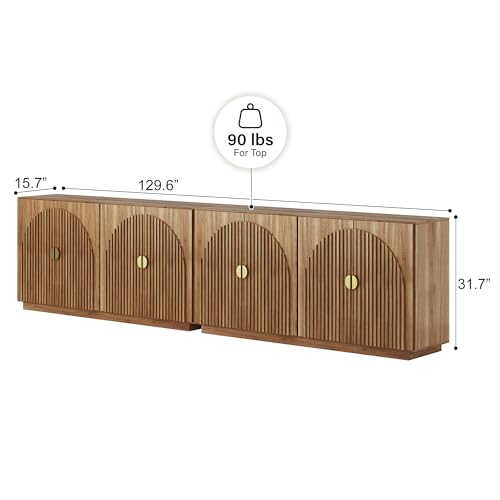 BELLEZE Set of 2 Fluted Buffet Cabinet with Storage, 65 Inch Symmetrical Arc Accent Sideboard Large Console Table for Dining Room, Kitchen, and Living Room (Caramel Brown)
