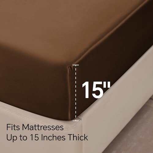 BEDELITE Satin Fitted Sheet and Pillowcases Set, Luxury Soft Similar to Silk Bottom Bedsheet with Elastic Corner Straps, Deep Pocket up to 15 Inch, 1 Fitted Sheet and 2 Pillowcases(King, Brown)