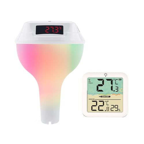 プール用温度計 ソーラーパワー 屋外プール用温度計 LEDディスプレイ 水温計 防水 プール浴槽温度モニター プール用品 使いやすい(White)