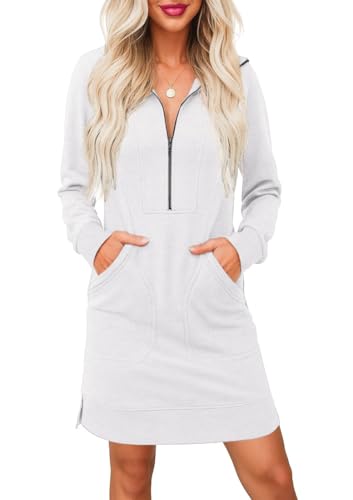 PrinStory Pulloverkleid Damen Langarm Strickkleid V-Ausschnitt Winterkleid Halber Reißverschluss Freizeitkleid Blumenkleid Mit Taschen (Weiß, L)