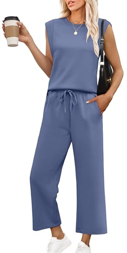 OFEEFAN Lounge Sets for Women 2 Piece Matching Sets Spring Summer Outfits Casual Cap Sleeve Crewneck Wide Leg Pants