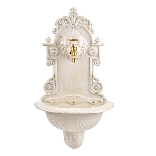 Sungmor Wall Mounted Outdoor Garden Sink, Cast Iron Bathroom Vessel Sink with Faucet, Classic Lion Decor with Antique White Finish, Decorative Washing Basin for Patio Garden Backyard Porch