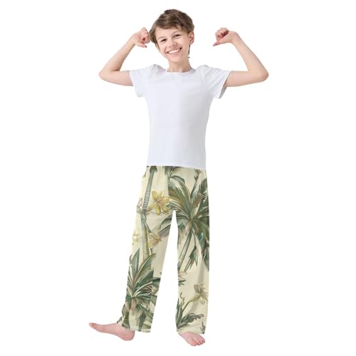 ZZXXB Retro Palm Tree Flowers Boys Long Pants Soft Trousers Elastic Waist Kids Lounge Bottoms with Pockets S-XL3