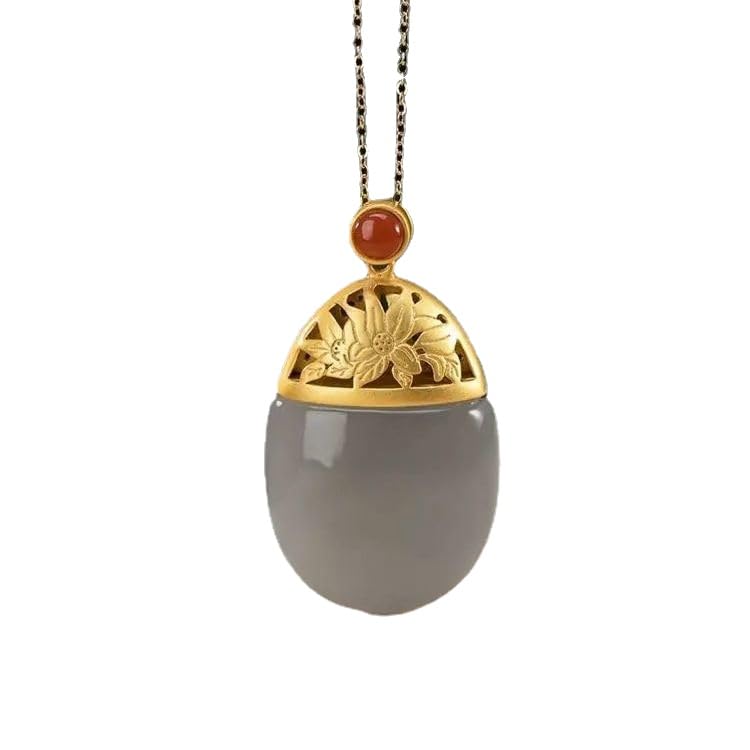 Argent 925 pendentif fleur de lotus ajouré avec jade naturel véritable
