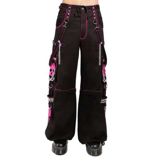 Gothic Punk Big Skull Cargo Pants, Black with Pink Stitching, Chain Details, Alternative Rock Trouser Pant/USA/Unisex Pants (US, Alpha, X-Large, Regular, Regular, Black)