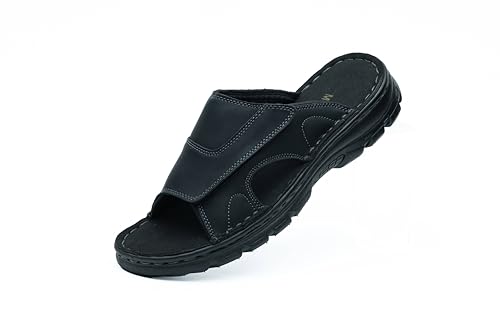 MGGMOKAY Mens Leather Slide Sandals Comfortable Anti-Slip Slides with Adjustable Straps