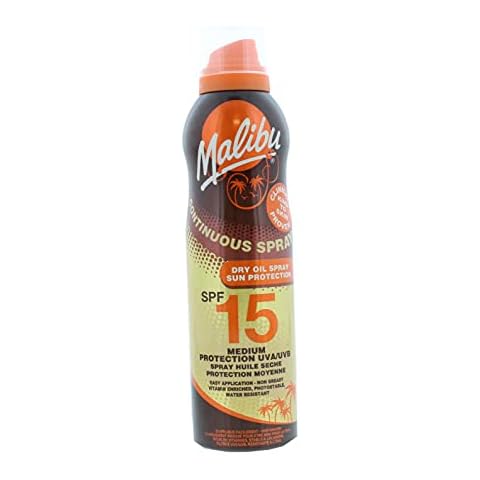 Malibu Sun SPF 15 Continuous Dry Oil Spray for Tanning with Shea Butter Extract, Medium Protection, Water Resistant, 175ml Cover
