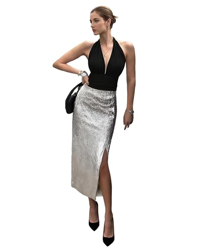 Women’s Sequin High Waist Slit Glitter Bodycon Midi Skirt Sexy Be...