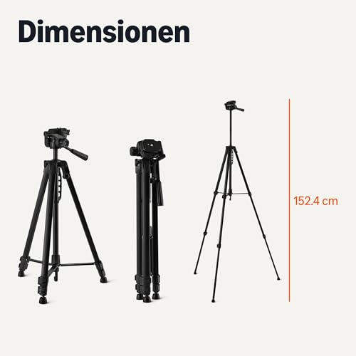 Amazon Basics Telefon- und DSLR-Kamerastativ, 152,0cm (60,0in), Leicht, mit Tasche, kabelloser Fernbedienung und Telefonhalterung, Höhenverstellbar, Schwarz
