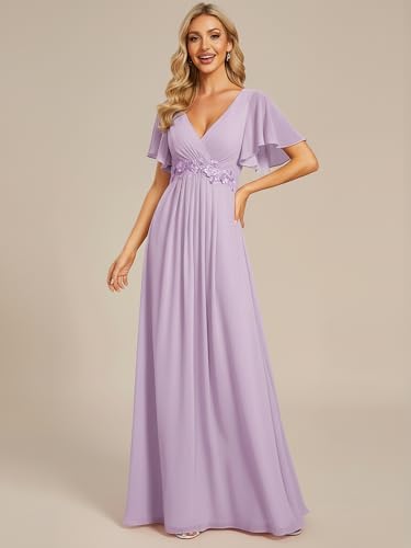 Image of Ever-Pretty Women's Spring Short Sleeve Bridesmaid Dresses V-Neck Chiffon Ruched Empire Waist Appliques Long Formal Dress