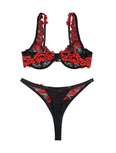 Image of Lilosy Sexy Floral Lace Scallop Underwire Push Up Sheer Lingerie Set Outfits