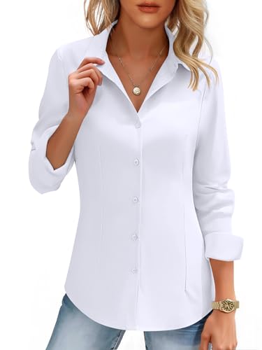 HOTOUCH White Button Down Shirts Women Basic Long Sleeve Slim Solid Formal Business Casual Button-up Work Shirt Blouse