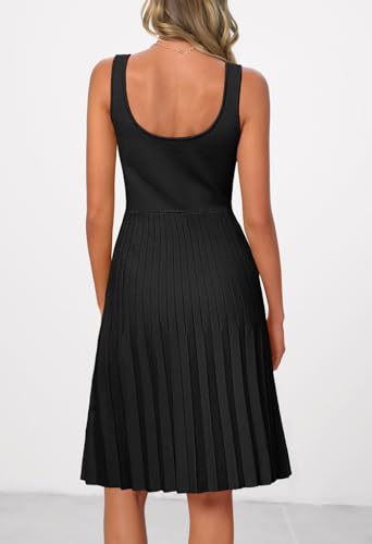 MEROKEETY Women's Summer Strap Square Neck Mini Dress Sleeveless Pleated A Line Swing Sweater Dress, Black, Small