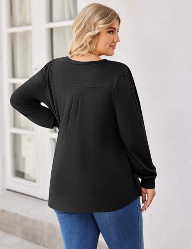 Image of IN'VOLAND Womens Plus Size Shirts V Neck Puff Long Sleeve Tops | Loose Fit, Dressy Casual Blouse, Pleated, Fall Outfits, Business Work TShirts, Basic Tees