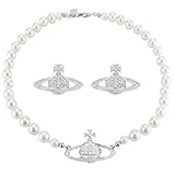 JHJEWH Silver Saturn Pearl Necklace Earrings Set,Silver Saturn Earrings,White Pearl Choker for Women,Saturn Planet Dangle Earrings,Rhinestone Planet Necklace,Jewelry Gifts for Women