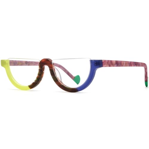 Image of HEPIDEM Matte Multicolor Acetate Glasses Frame Women,Semi Rimless Round Optical Eyeglasses