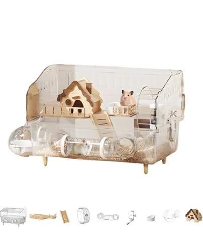 大型・透明 ハムスターケージ 2階建て アクリル製 観察しやすい ケージ - 木製ハウス、トンネル遊び場、給水器・エサ入れ付き 取り外し可能で掃除簡単