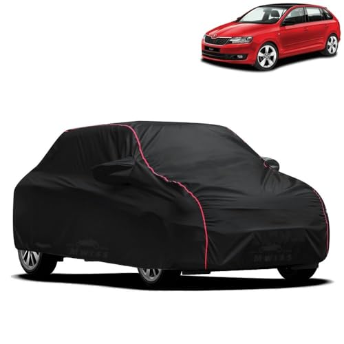 Image of Waterproof Car Cover for Skoda Fabia Scout | All-Weather Protection, Dustproof & UV Resistant | Triple Stitched Mirror Pockets, Windproof Buckle Strap with Elastic Hem, Black-Red Piping