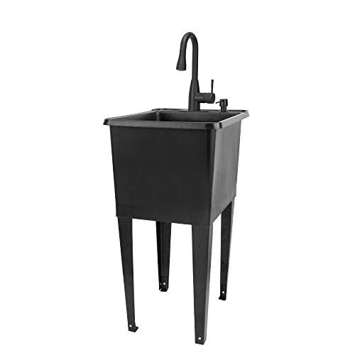 Image of Black Space Saver Utility Sink by JS Jackson Supplies, Freestanding Tehila Space Saving Laundry Tub, Black Pull-Down Faucet, Soap Dispenser